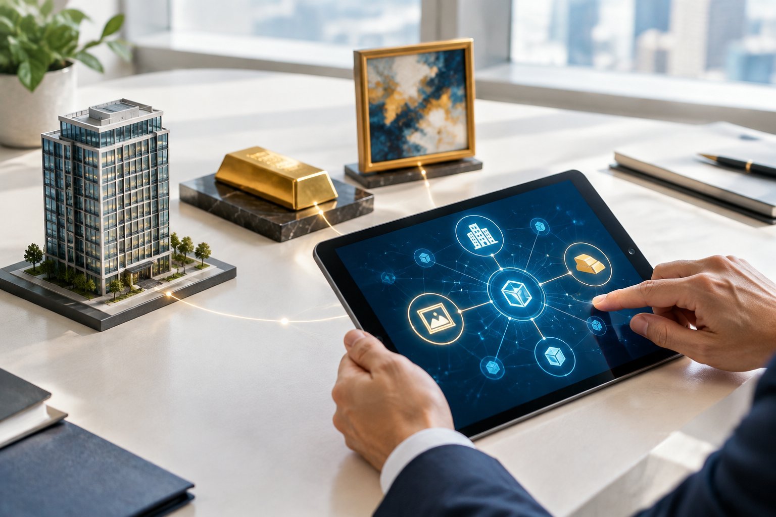 A finance professional uses a tablet beside a miniature building, a gold bar, and an artwork.