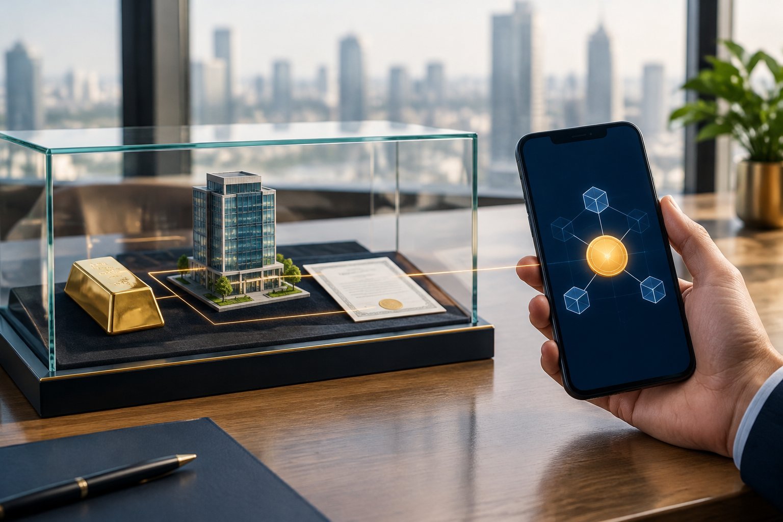 A smartphone displaying a digital token beside a gold bar and a miniature commercial building.