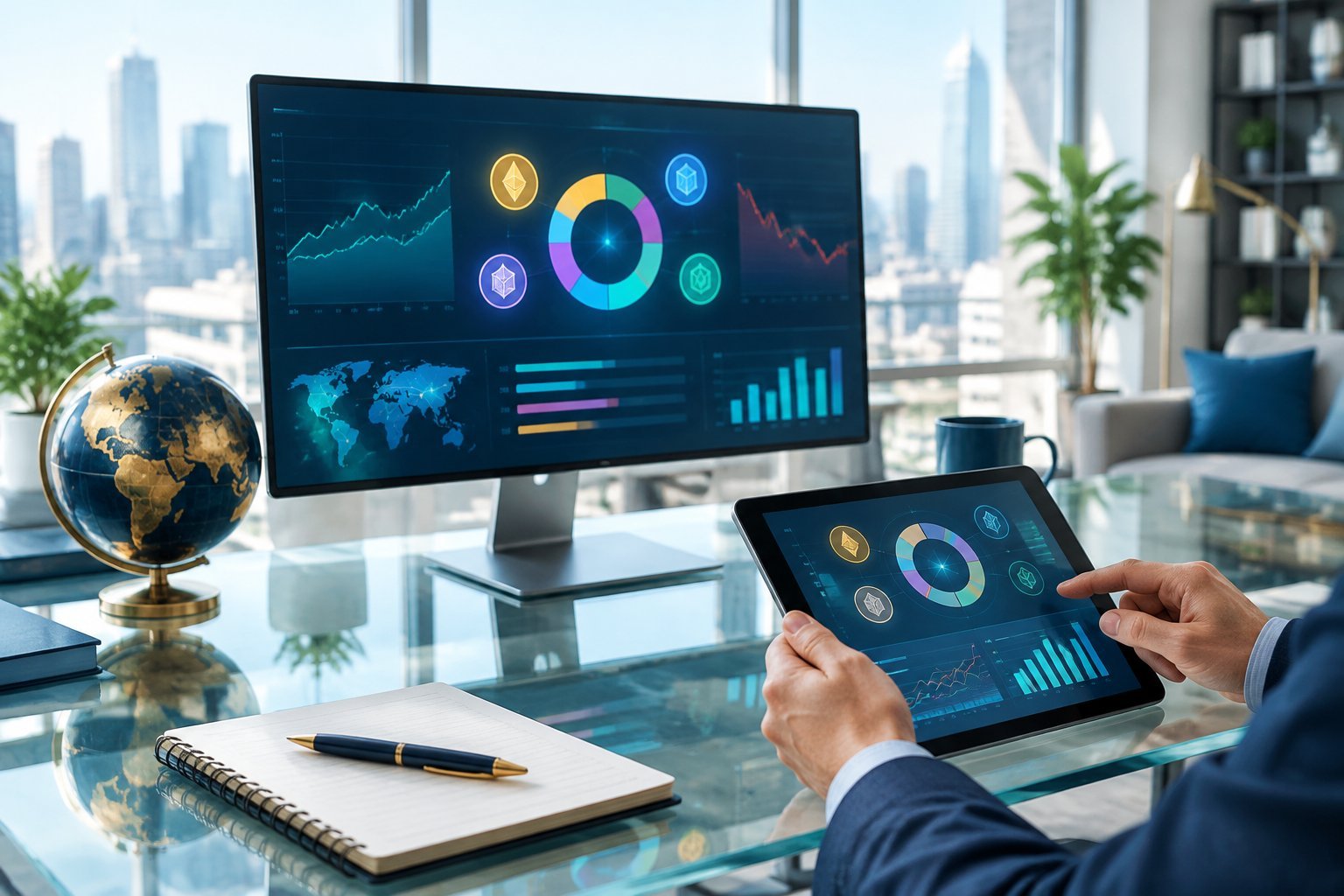 A person reviews a diversified digital investment portfolio on a screen at a desk.